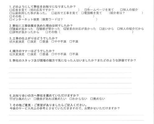 東京都大田区のT様から頂いたリフォーム後アンケート